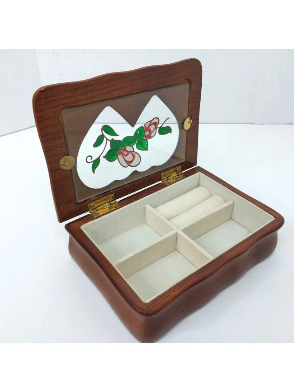 Heart-Shaped Wooden Jewelry Box Stained Glass Style Flower Inlay